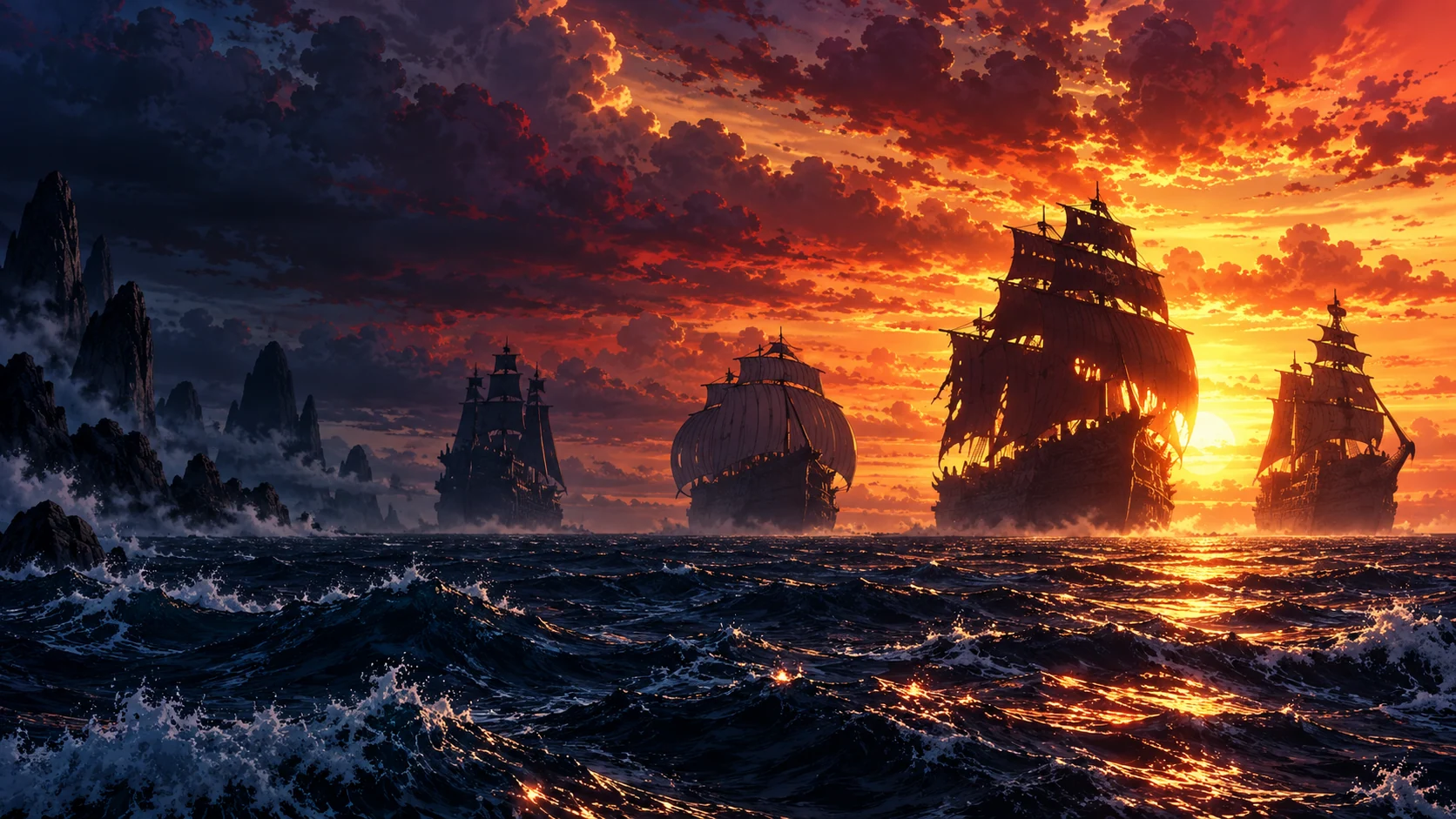 Ilustração editorial de quatro navios cruzando o mar sob um céu dramático ao pôr do sol