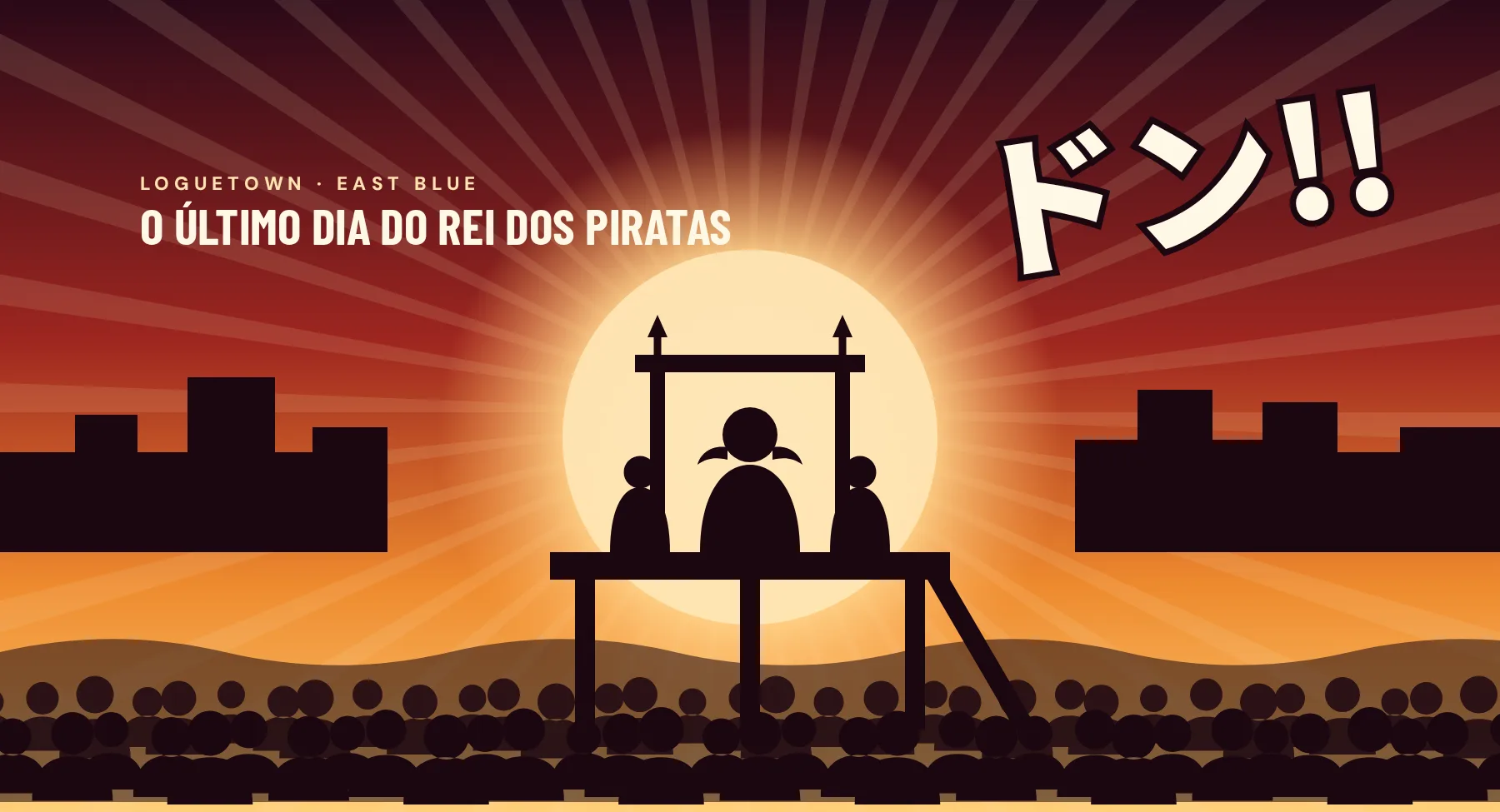 Ilustração do cadafalso de Loguetown ao pôr do sol, diante da multidão